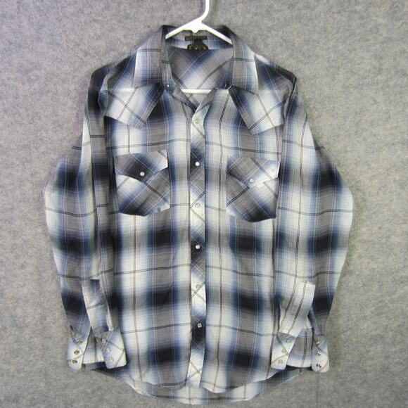 HOLT Shirt Mens Medium Blue Gray Plaid Pearl Snap Western Cowboy Long Sleeve - Picture 1 of 9